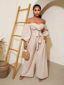 VaVaBold Beige,Autumn,Elegant,Dinner Date Lantern Sleeve Jumpsuit For Women,Satin Off Shoulder Petal Sleeve Cinched Waist Wide Leg Pants,Resort Holiday Romper - Apricot - View 3