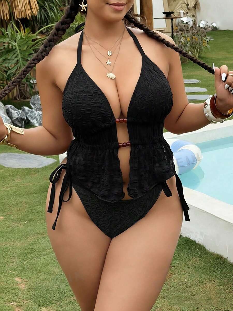 Swim Vcay 大尺碼女款兩件式紋理布料掛脖前綁帶三角比基尼套裝,度假背心式泳衣 - 黑色 - 查看 1