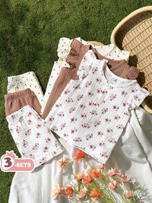SHEIN Vintaside Kids 女嬰 6件/3套田園復古花卉與圓點圖案棕色圓領荷葉袖上衣搭配印花短褲套裝，適合日常穿著、外出、度假、春夏季 - 彩色 - 查看 3