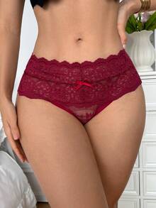 SHEIN Celana Dalam Thong Seksi Wanita dengan Hiasan Pita Renda untuk Sehari-hari - Burgundy - View 5