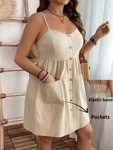 EMERY ROSE Plus Size Casual Daily Summer Pure Cotton Texture Pocketed Waist Midi Strap Dress - Khaki - View 6