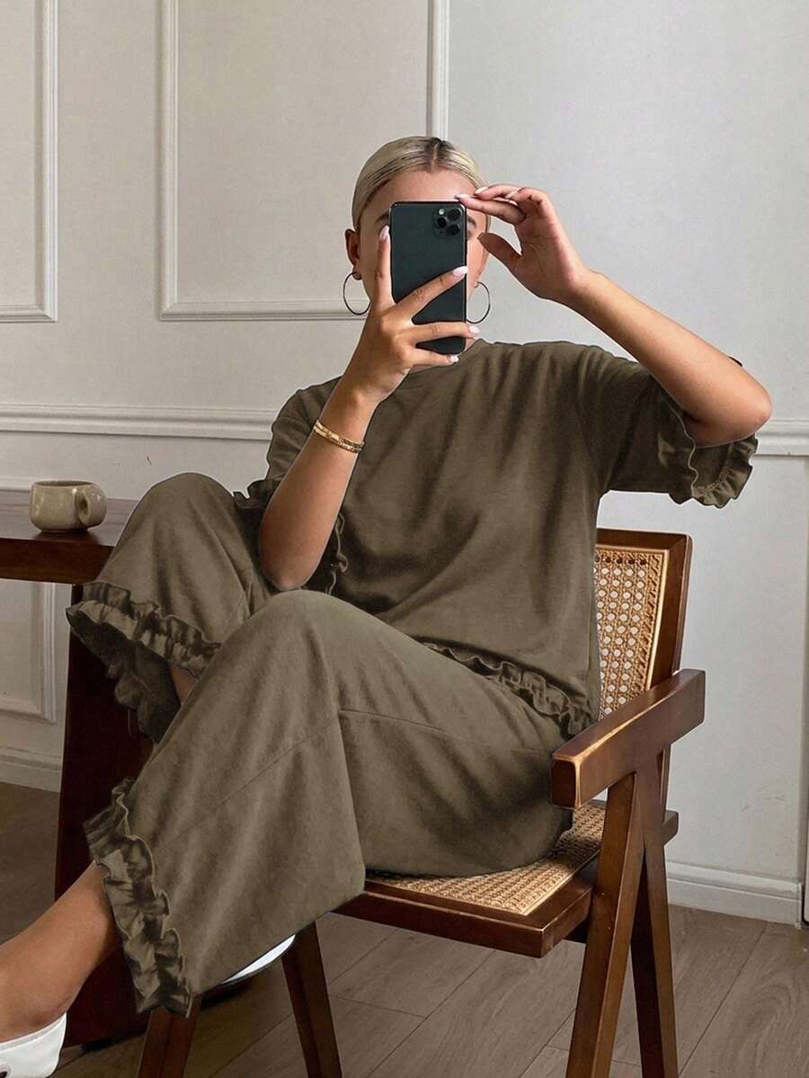 Livesso 秋季女款軍綠色休閒兩件套,圓領短袖寬鬆上衣配荷葉邊飾與寬腿長褲 - 棕色 - 查看 1