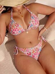 Swim Vcay Dwuczęściowy komplet bikini plus size na wakacje, z kwiatowym nadrukiem, 3D dekoracją z muszelkami i wiązaniem halter