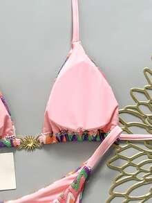 Swim Mod 女款春夏新款特殊面料金屬飾品V領掛脖露背三角鉚釘比基尼泳衣兩件套 - 彩色 - 查看 5