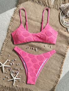 Bonvoyette Setelan Baju Renang Wanita Kasual Modis 2 Potong Motif Cangkang Ungu Musim Semi/Panas dari Kain Jacquard Rajut - Hot Pink - View 9