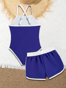 SHEIN Girls Pink Sweet Cute One-Piece Swimsuit - Navy Blue - View 2