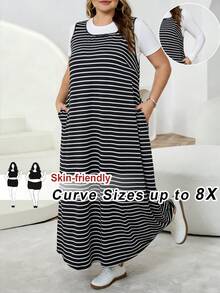 SHEIN CURVE+ 大尺碼女款夏季洋裝、女款夏季洋裝、女款度假洋裝、女款夏季洋裝、畢業洋裝、商務休閒女款太陽裙、女款辦公洋裝、畢業洋裝、新時尚休閒通勤、條紋無袖口袋洋裝、長洋裝、A字裙、黑白條紋洋裝、休閒洋裝/2026/新年 - 黑與白 - 查看 1