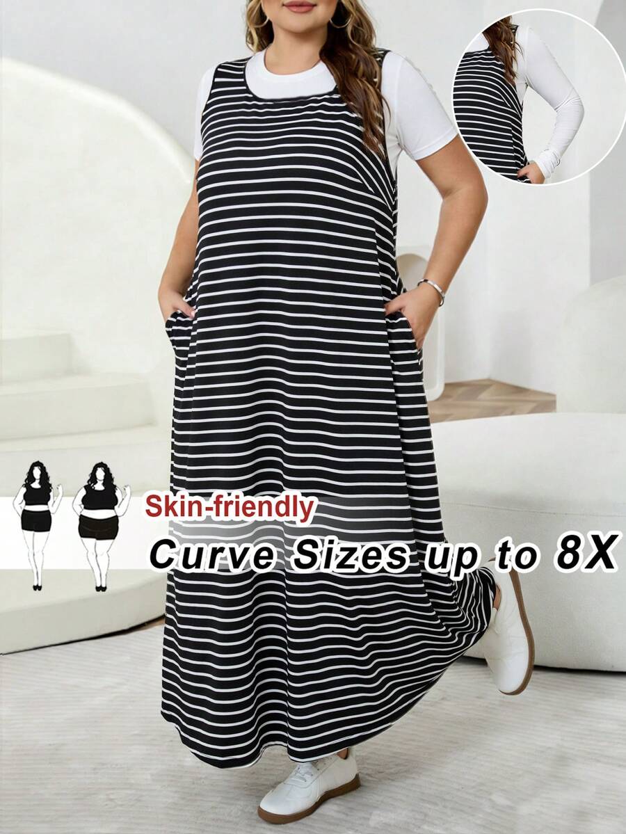 SHEIN CURVE+ 大尺碼女款夏季洋裝、女款夏季洋裝、女款度假洋裝、女款夏季洋裝、畢業洋裝、商務休閒女款太陽裙、女款辦公洋裝、畢業洋裝、新時尚休閒通勤、條紋無袖口袋洋裝、長洋裝、A字裙、黑白條紋洋裝、休閒洋裝/2026/新年 - 黑與白 - 查看 1
