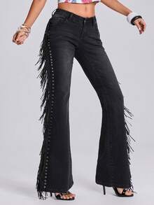 ROMWE Spring/Summer Vacation Y2K Hot Girl Music Festival Side Tassel Decor Vintage Washed Women's Ultra Low Waist Flare Jeans - Black - View 9