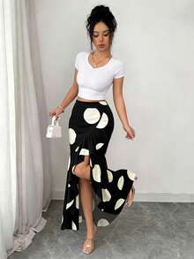 SHEIN Elenzya Women's Vintage Polka Dot High Waist Asymmetrical Ruffle Hem Split Maxi Skirt Y2K Sexy Black White Polka Dot Asymmetrical Ruffle Hem High Waist Flowy Long Skirt Summer Boho Polka Dot High Waist Asymmetrical Ruffle Split Hem Maxi Skirt For Vacation Elegant Polka Dot Asymmetrical Ruffle Hem High Waist Maxi Skirt For Women - Black - View 4
