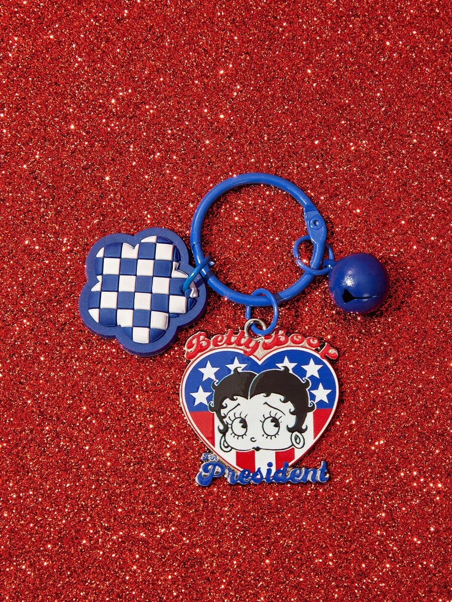 Betty Boop x SHEIN 1PC Betty Boop Blue And White Checkerboard Love Cute Girl Keychain Ring Accessories Bag Paint Bell Decoration Key Ring Small Pendant - Blue - View 1