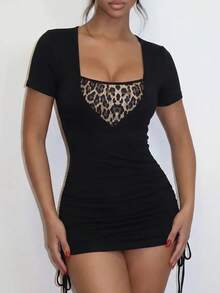 EgrlEra Halter Neck V-Neck Slim Fit Bodycon Dress, Everyday Sexy Versatile Waist-Cinching Club Night Black And White Leopard Print Summer - Black - View 4