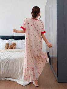 Napfluff Women's Cherry Print Color Block Ruffle Trim Short Sleeve Nightgown, Cute Style With Bow Decor - Apricot - View 2