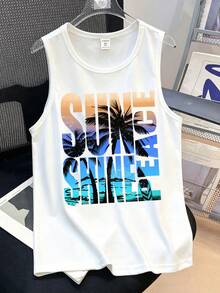 Tween Boys Casual Simple Crew Neck Tank Top Suitable For Summer, Classic Cool Tropical Palm Tree Pattern Print, Colorful Gradient Graffiti Text Pattern Print, Suitable For Vacation, Suitable For Beach, Suitable For Sand - White - View 2