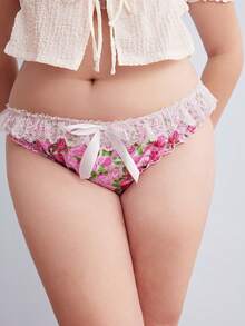 Elorette 粉色緞面可愛甜美 Coquette 風格娃娃裝蘿莉塔大碼內褲，全身花卉印花蕾絲拼接荷葉邊浪漫田園風 - 粉色 - 查看 2