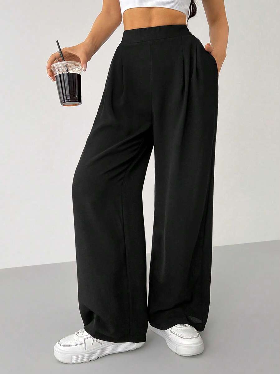 SHEIN PETITE Women's Solid Color Simple Daily Basic Pants,Petite Women Teachers' Day Work Office Black Autumn Casual Basic - Black - View 1