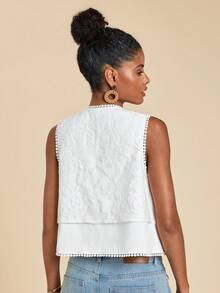 Travachic Women's Contrast Lace Open Front Fashion Thin Vest Jacket - White - View 2