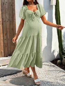 Boho Mama 孕婦夏季休閒純色短袖洋裝 - 綠色 - 查看 6
