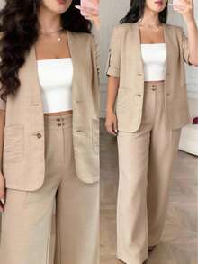 Modelyn Plus Size Women's Solid Color Rolled Hem Short Sleeve Single Breasted Jacket And Pants 2pcs Set Fall - Khaki - View 2