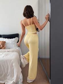 Napfluff Solid Color Slim Fit Contrast Lace Patchwork Half-Open Front Tie Strap Long Pants Women's Pajama Set - Yellow - View 2