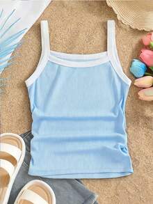 SHEIN Tween Girl Contrast Color Pleated Casual Versatile Daily Wear Camisole Tank Top - Blue - View 3