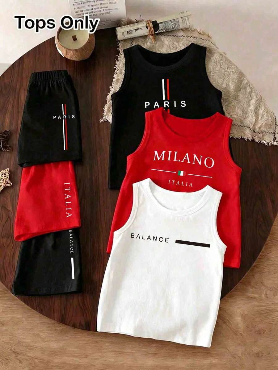 3pcs/Set Baju Tank Top Bayi Laki-laki Musim Panas Kasual Modis Minimalis Segar dengan Motif Huruf dan Slogan, Pakaian Sehari-hari - MultiWarna - View 1