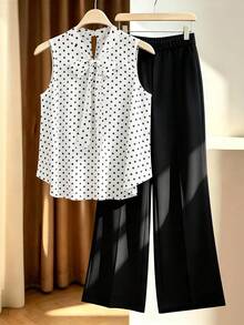 Modelyn Plus Size Women's Polka Dot Pattern Front Knot Sleeveless Shirt And Pants Casual Two Pieces Set - Black - View 1