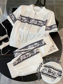 Resyla Women's Summer Vacation Forest Lion Fashion Print Sleeve Short-Sleeve Cardigan Top + Side Pocket Casual Pants, Holiday Black And White Summer Set - White - View 1