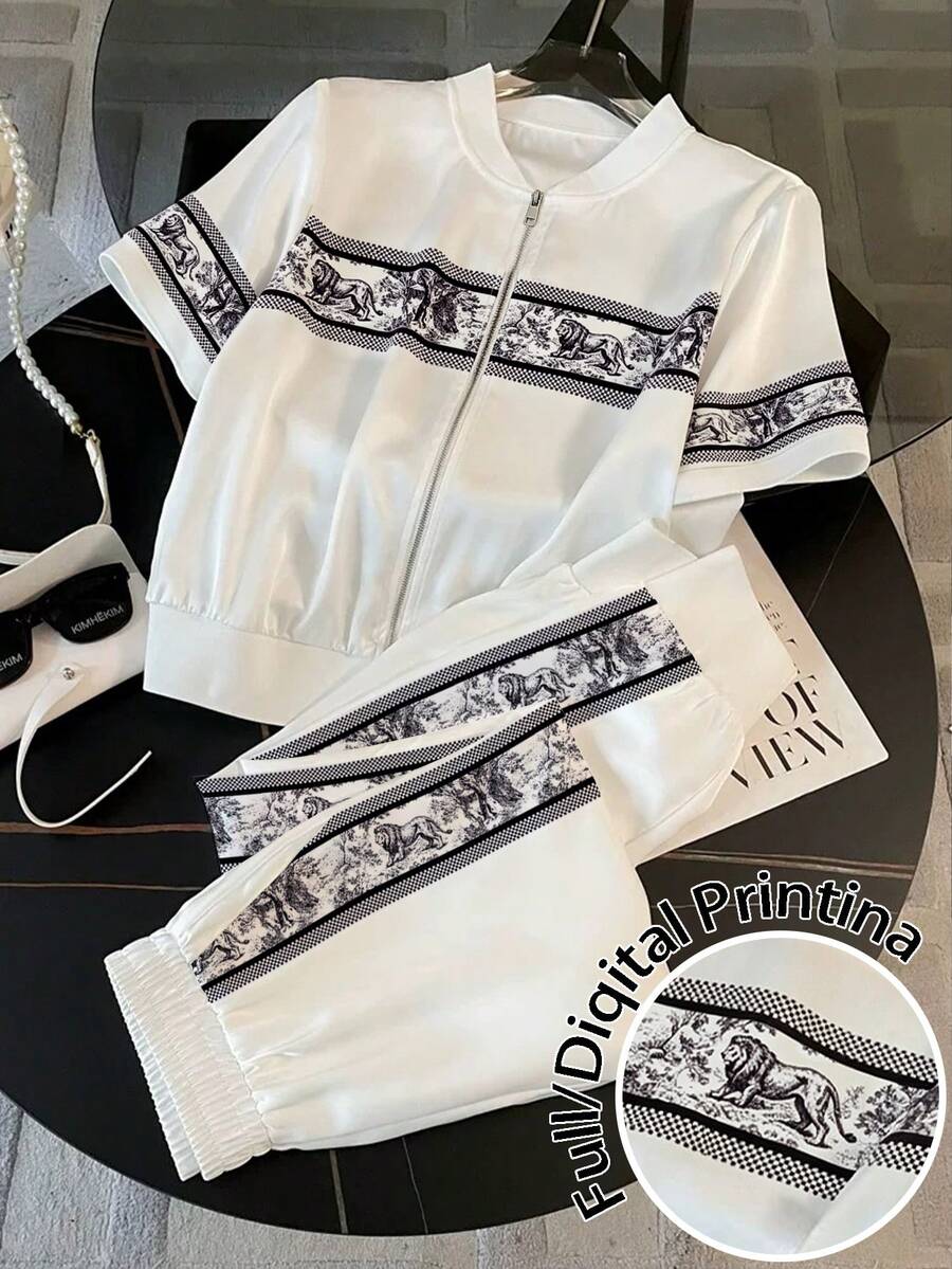 Resyla Women's Summer Vacation Forest Lion Fashion Print Sleeve Short-Sleeve Cardigan Top + Side Pocket Casual Pants, Holiday Black And White Summer Set - White - View 1