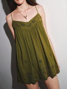 MOTF PREMIUM VACATION LINEN EMBROIDERED LOOSE SHORT DRESS, SPRING/SUMMER - Olive Green - View 6