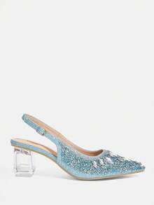 CUCCOO TILAWA Women's Crystal Heel Glass Rhinestone Pointed Toe Pink High Heel Pumps, Suitable For Outings, Banquets, Parties And Other Events - Baby Blue - View 2