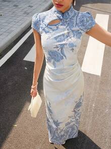 EastFlair Women's Floral Print Frog Button Ruched Side Slit Dress Tea Party White And Blue Floral Summer Elegant For Everyday Wear - Blue and White - View 5
