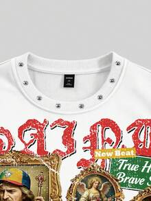 ROMWE MEN Street Life Men's Loose Fit Tank Top With Rivet Decor And Printed Pattern - White - View 2