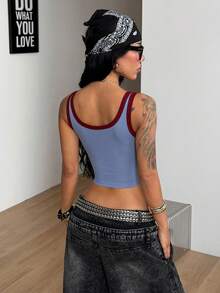 Coolane Women's Summer Concert Rave Festival Going Out Renaissance Fair Club Sexy Y2K Rib Knit Color-Blocked Notched Collar Truncated Blue Tank Top - Multicolor - View 7