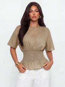 Avantive Top casual versatile da donna a maniche corte, tinta unita, plissettato, per uso quotidiano - Castano - Visualizzare 4