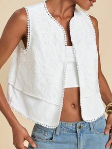 Travachic Women's Contrast Lace Open Front Fashion Thin Vest Jacket - White - View 7