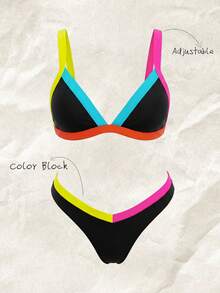Swim Lushoire Summer Beach Binding Trim Triangle Bikini - Black - View 2