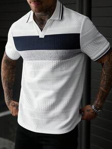 Manfinity CasualCool 男士夏季休閒拼色拼接 Polo 衫 - 白色 - 查看 6