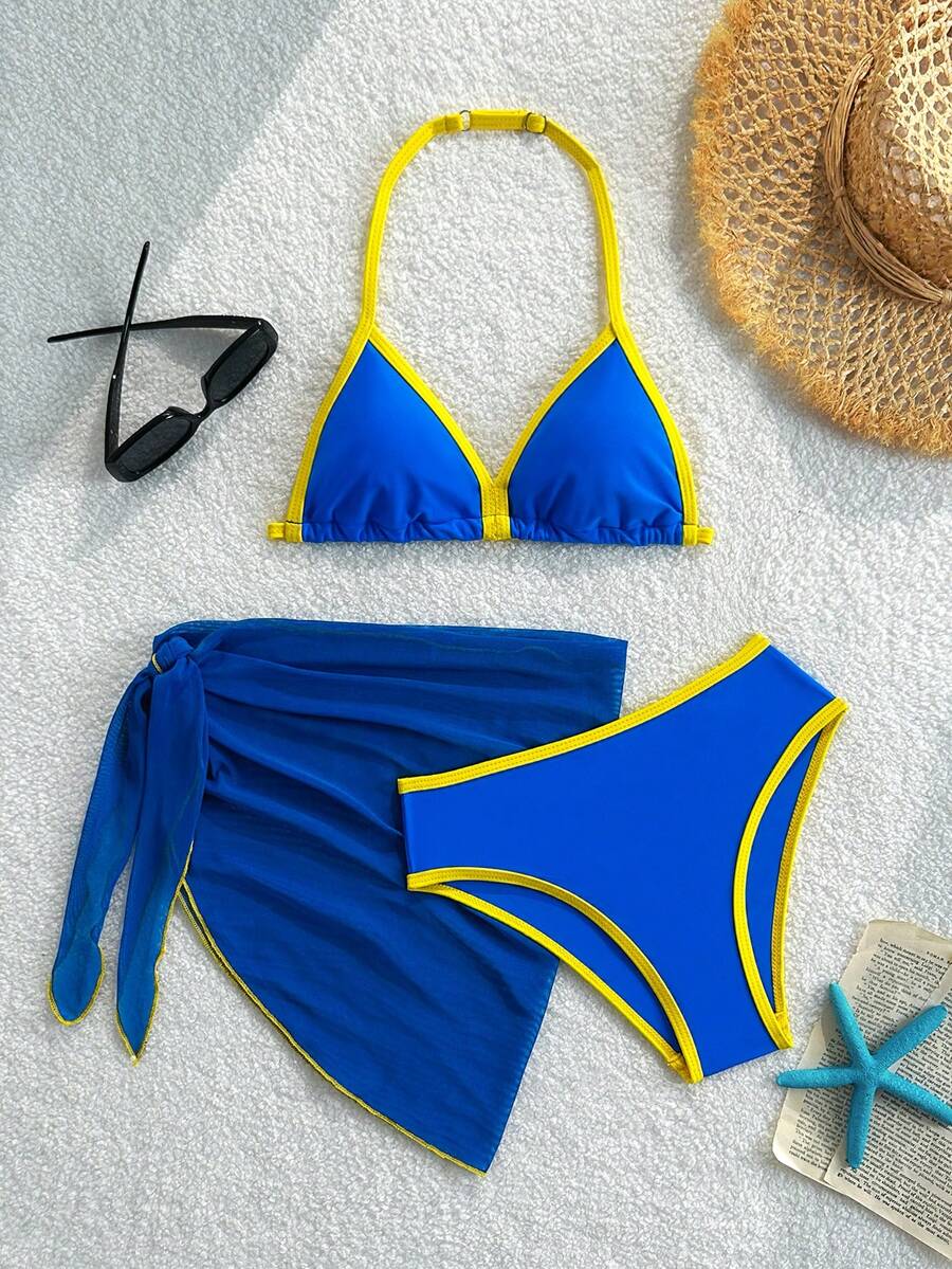 SHEIN 女童 3 件組皇家藍與亮黃色拼接掛脖三角比基尼套裝,附網紗罩衫裙,親膚時尚休閒泳衣,適用於游泳、海灘、泳池、夏季度假、夏季假期、海灘派對、休閒出遊 - 藍色 - 查看 1