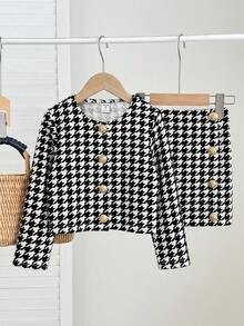 SHEIN 少女時尚金屬鈕扣長袖夾克與裙子套裝 - 黑色 - 查看 4