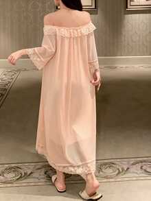 DAZY 蕾絲拼接露肩寬鬆女款睡裙家居服睡衣 - 杏色 - 查看 2