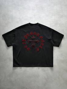 PAVTROS Camiseta de manga corta con cuello redondo y patrón de cruz 3D de ajuste regular para hombres, estilo casual de calle, unicolor - Negro - Ver 2