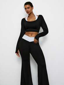 Levarali Women's Plus Size Halter Neck 2 In 1 Patchwork Long Sleeve Top And Flared Leggings Casual Daily Sports Set Gym Black And Gold White Autumn Fall - Black and White - View 4