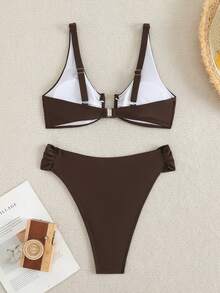 Swim Chiccia 女款海灘度假夏季套裝，新款夏季兩件式海灘度假上衣搭配U型鋼圈與高腰比基尼泳褲泳衣套裝 - 咖啡棕 - 查看 2