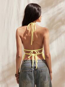 Easelle Women's Cream Yellow Ruched Halter Tie Back Camisole, Spring/Summer - Light Yellow - View 2