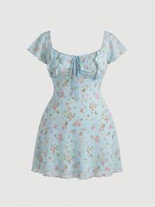 SHEIN MOD Plus Women's Allover Floral Print Ruffle Armhole Knot Front Dress - Blue - View 3