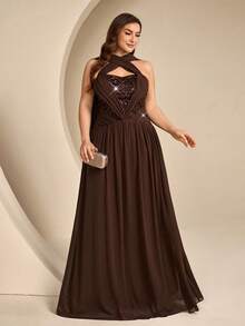 Coutiva Elegant Sequin Glitter Fitted Long Evening Dinner Gown For Banquet, High-End Socialite Style Wedding Brown Autumn - Coffee Brown - View 4