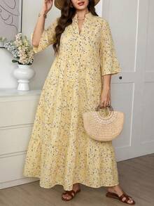 Comfylo Ditsy Floral 3/4 Sleeve Patchwork Tiered Maxi Dress Plus Size - Yellow - View 3