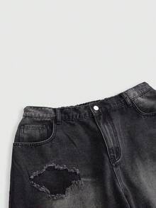ROMWE Street Life Plus Size Cherry Blossom Embroidered Denim Shorts - Black - View 4