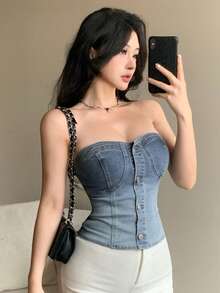 DAZY Distressed Denim Cropped Camisole Top For Women, Spring & Summer Tube Tops - Blue - View 8